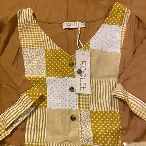 ROOLEE NWT MIDI DRESS SIZE L, MUSTARD BROWN WHITE PATTERNED ON CHEST AND SLEEVES